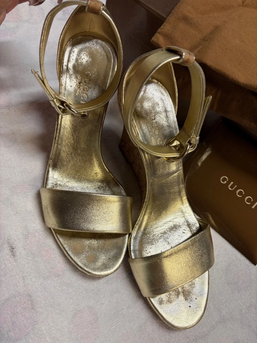 Gucci Metallic Gold Leather Wedge Sandals - Picture 2 of 10